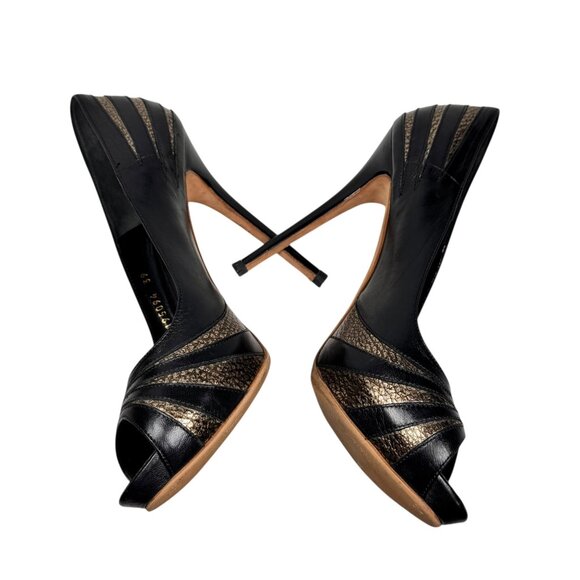 ALEXANDER McQUEEN Peep Toe Platform Heels Sz 9 Black Leather Pumps Glam Luxury - Picture 12 of 15